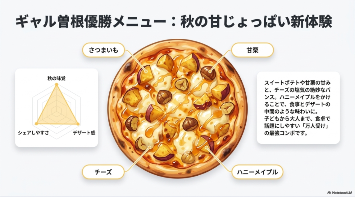 スイートポテト、甘栗、チーズ、ハニーメイプルを組み合わせた秋の甘じょっぱいピザの特徴を示した画像
