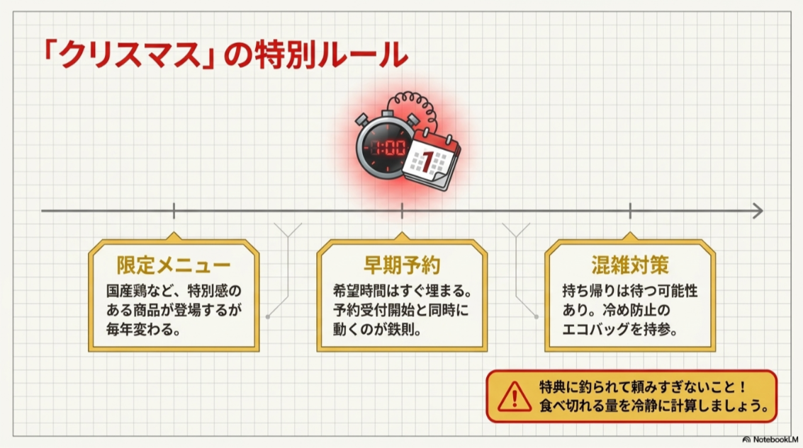 クリスマス時期のピザーラ注文では、限定メニュー、早期予約、混雑対策を確認する必要があることを示したスライド