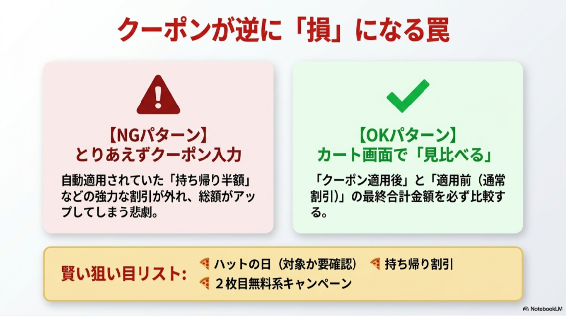 ピザハットのクーポン入力前後で合計金額を比較し、持ち帰り割引やハットの日との相性を確認する重要性を示すスライド