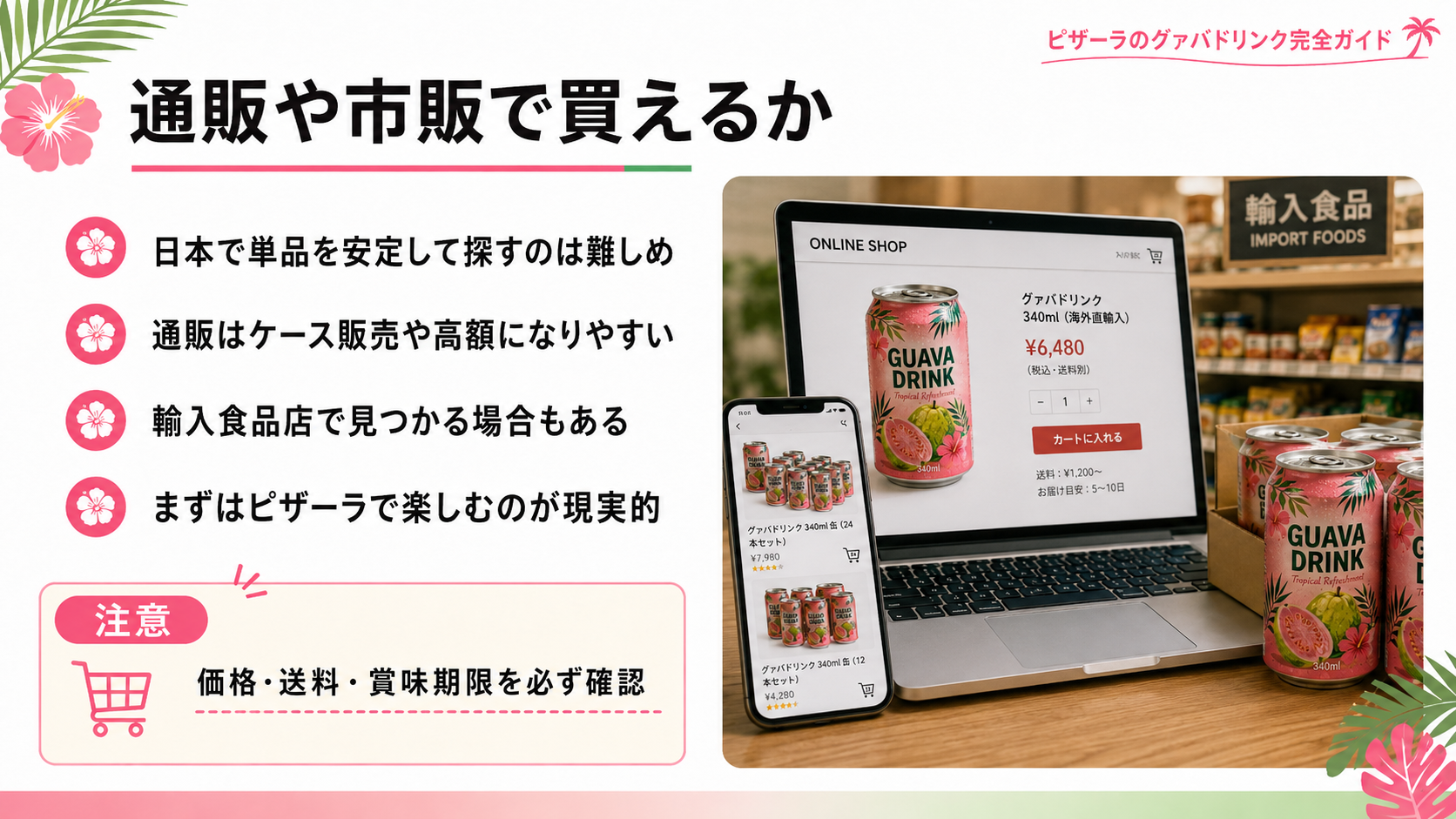 ピザーラのグァバドリンクを通販や市販で入手できるか、価格や注意点をまとめたスライド画像