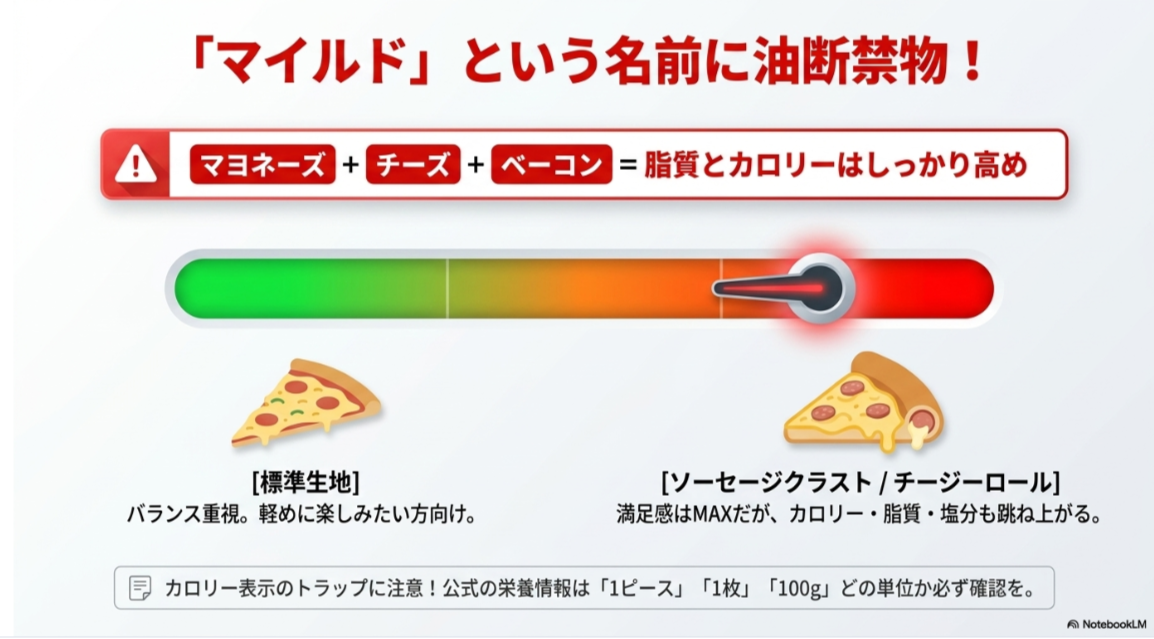 ツナマイルドはマイルドな味でもマヨネーズ、チーズ、ベーコンにより脂質やカロリーが高くなりやすいことを示すスライド
