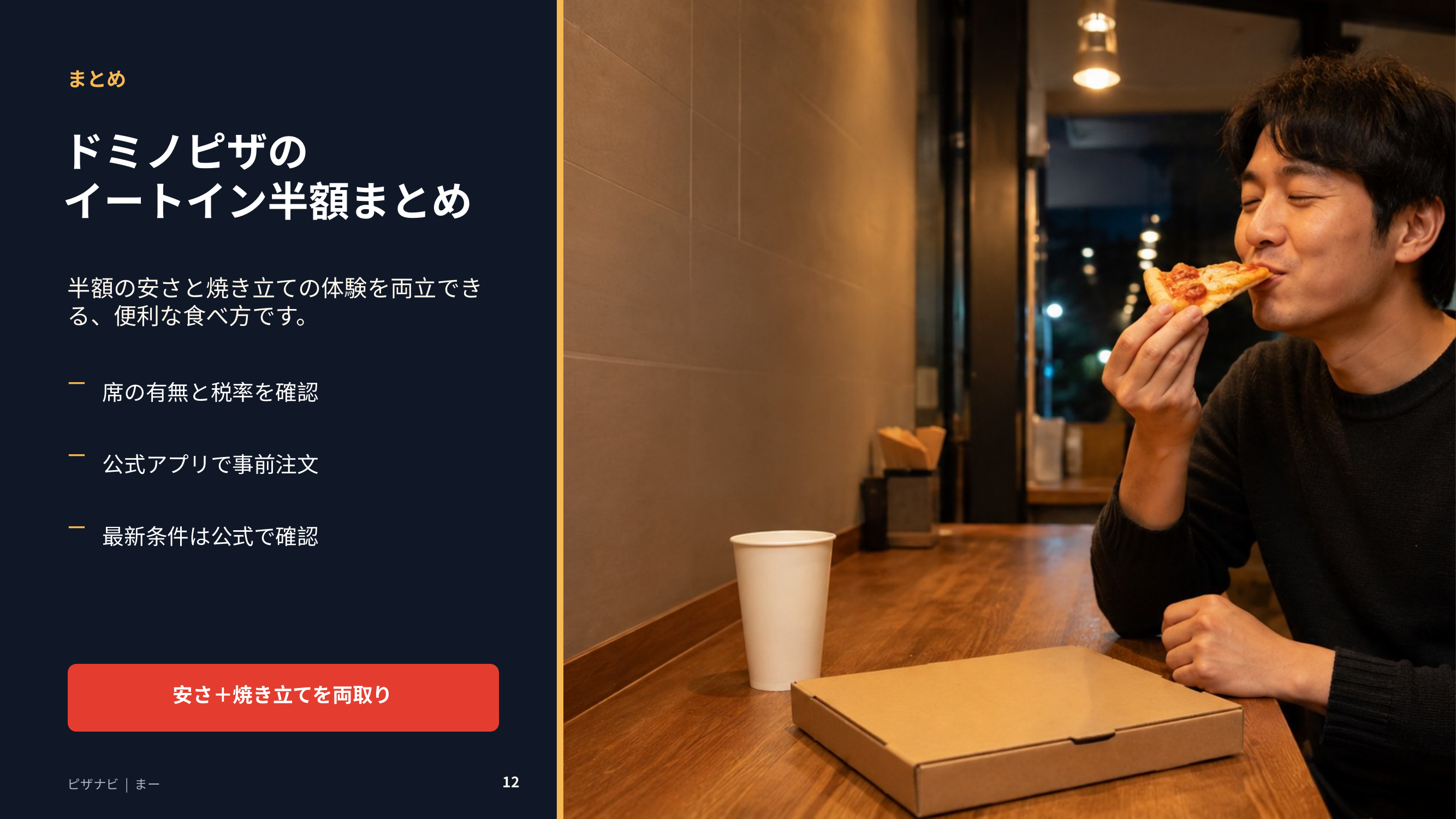 ドミノピザのイートイン半額は席の有無や税率を確認しながら、安さと焼き立てを両立できることをまとめたスライド