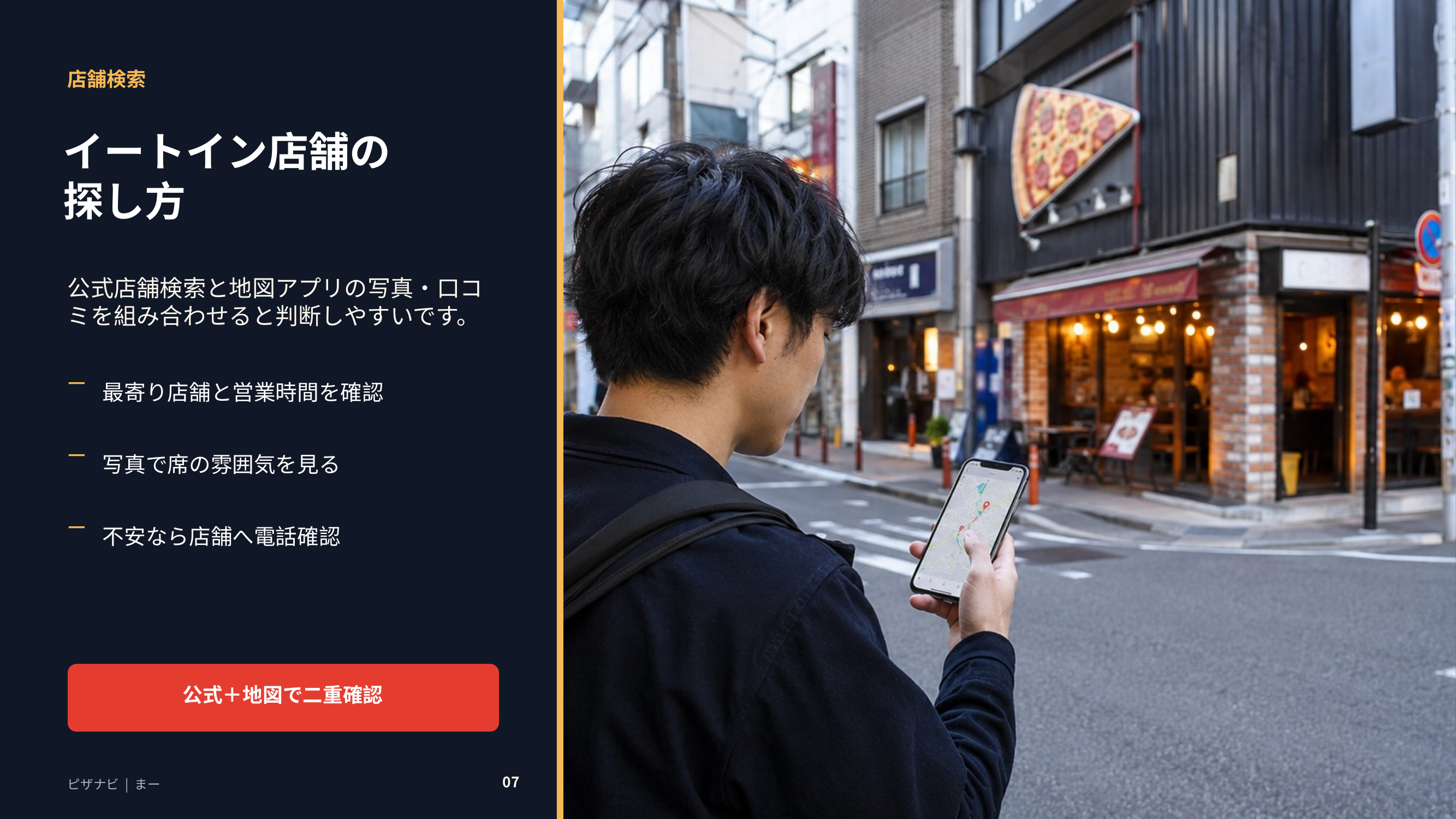 ドミノピザのイートイン店舗を公式検索や地図アプリ、電話確認で探す流れを示すスライド