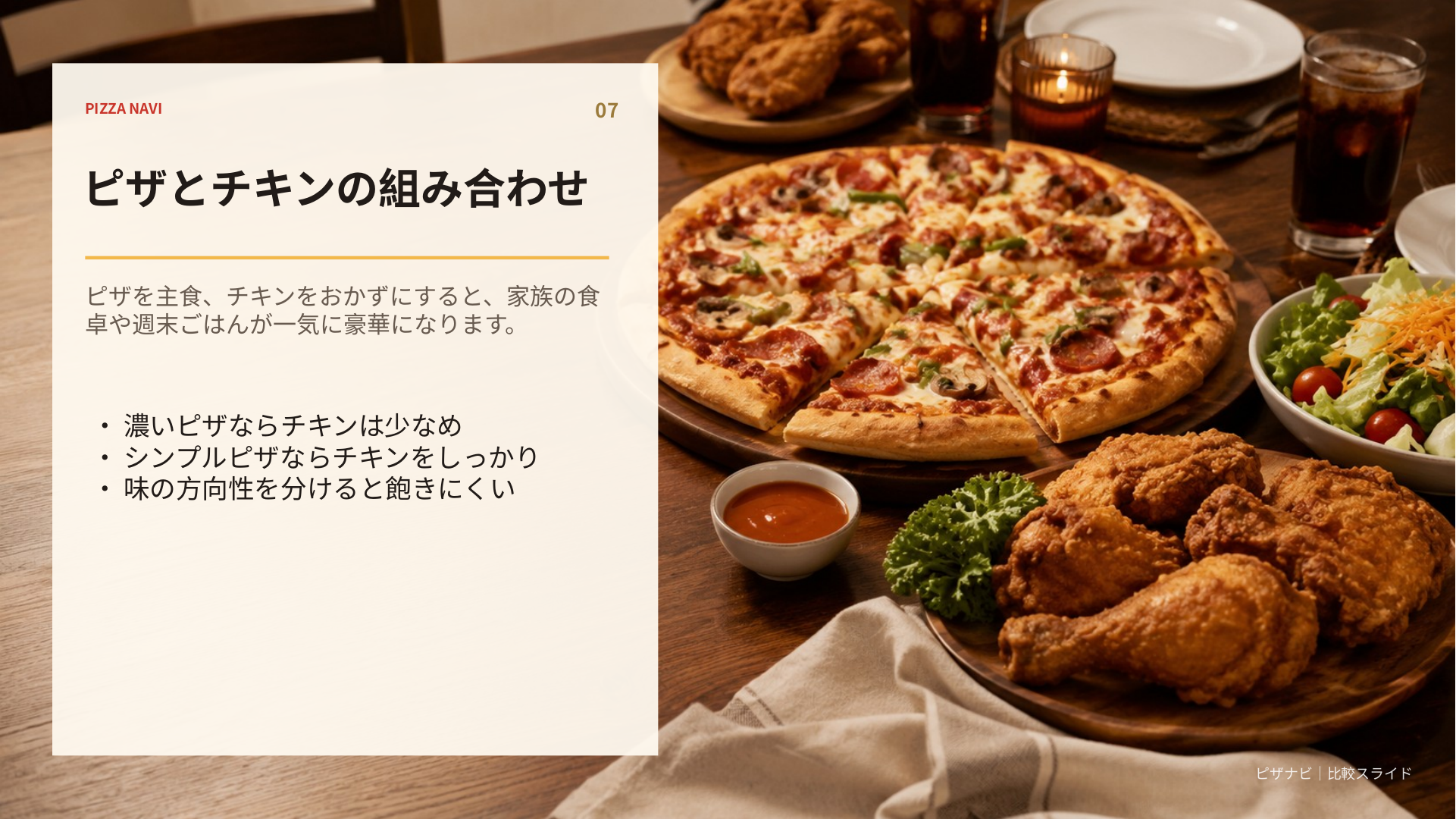 ピザを主食、ケンタッキーのチキンをおかずにして家族の食卓を豪華にする組み合わせ方を説明したスライド