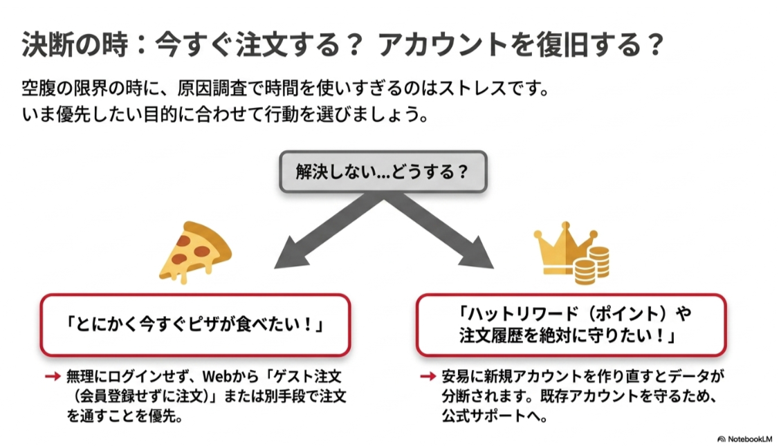 ピザハットでログインできない時に、ゲスト注文を優先する場合とリワードや注文履歴を守るため公式サポートへ進む場合を分けて示したスライド