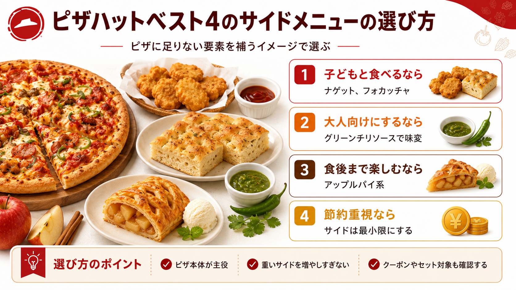 ピザハットベスト4と一緒に選びたいナゲット、フォカッチャ、グリーンチリソース、アップルパイ系サイドの選び方を説明したスライド