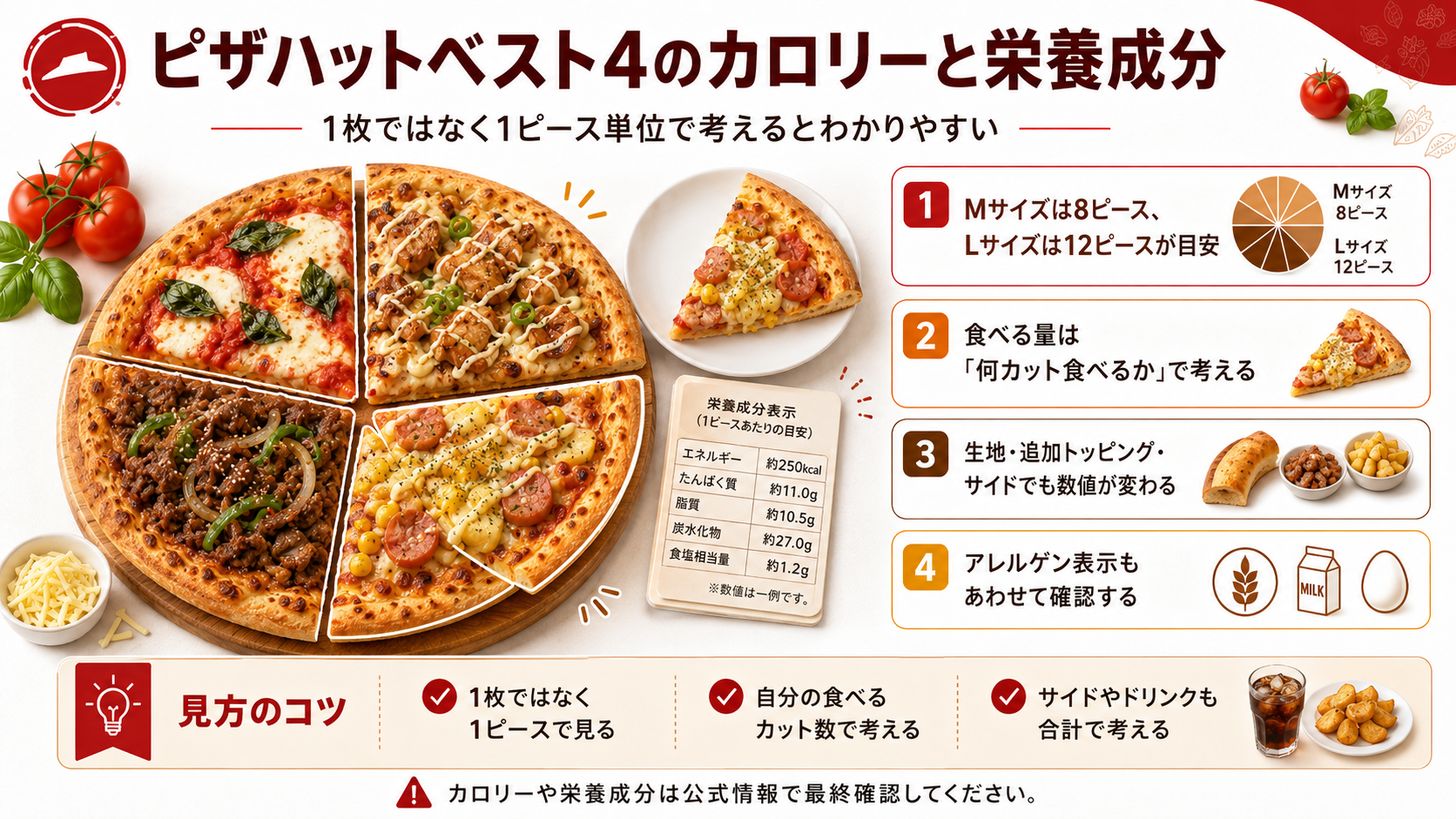 ピザハットベスト4のカロリーを1枚単位ではなく1ピース単位で確認する考え方を説明したスライド