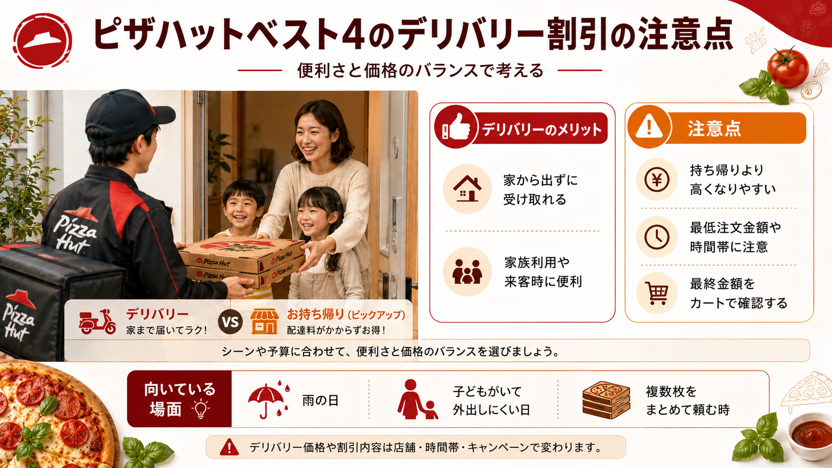 ピザハットベスト4をデリバリーで注文するメリットと、価格、最低注文金額、時間帯に注意するポイントを説明したスライド