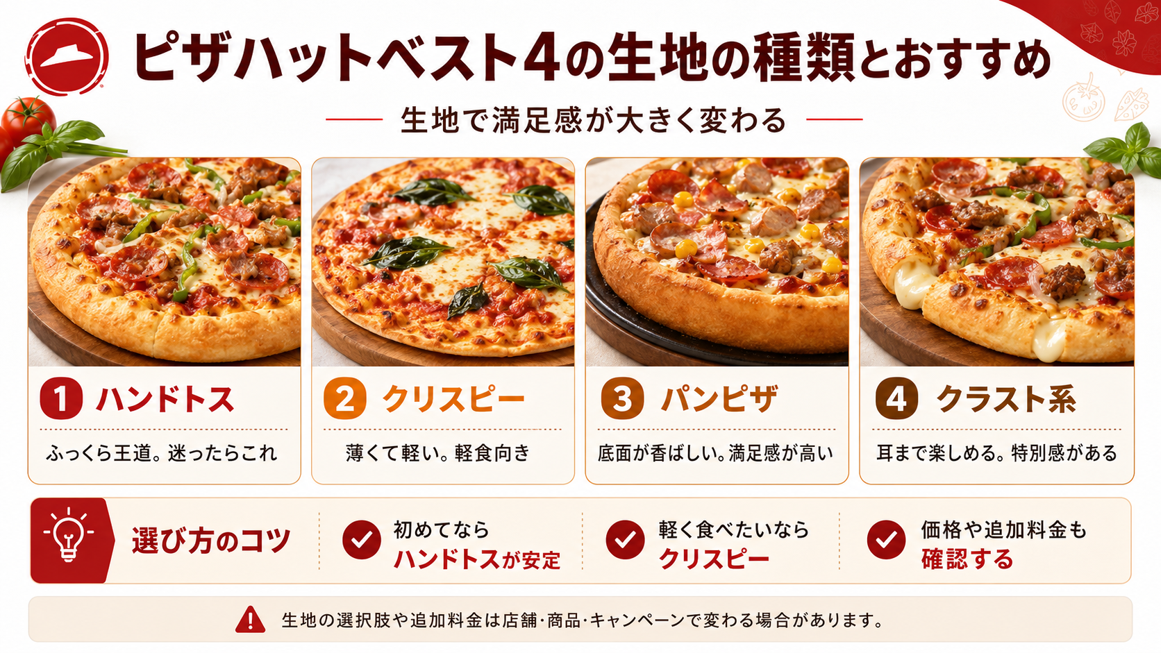 ピザハットベスト4で選べるハンドトス、クリスピー、パンピザ、クラスト系の特徴とおすすめの選び方を比較したスライド