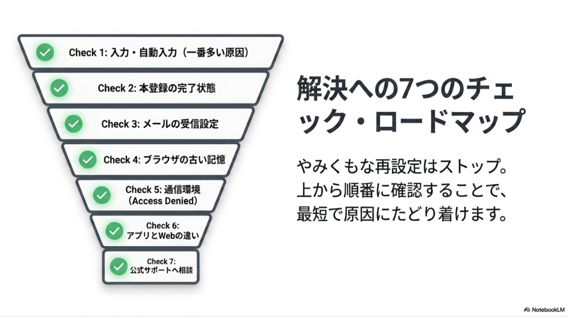 ピザハットのパスワード変更後にログインできない場合、シークレットモード、Cookie削除、別ブラウザを試す流れを説明したスライド