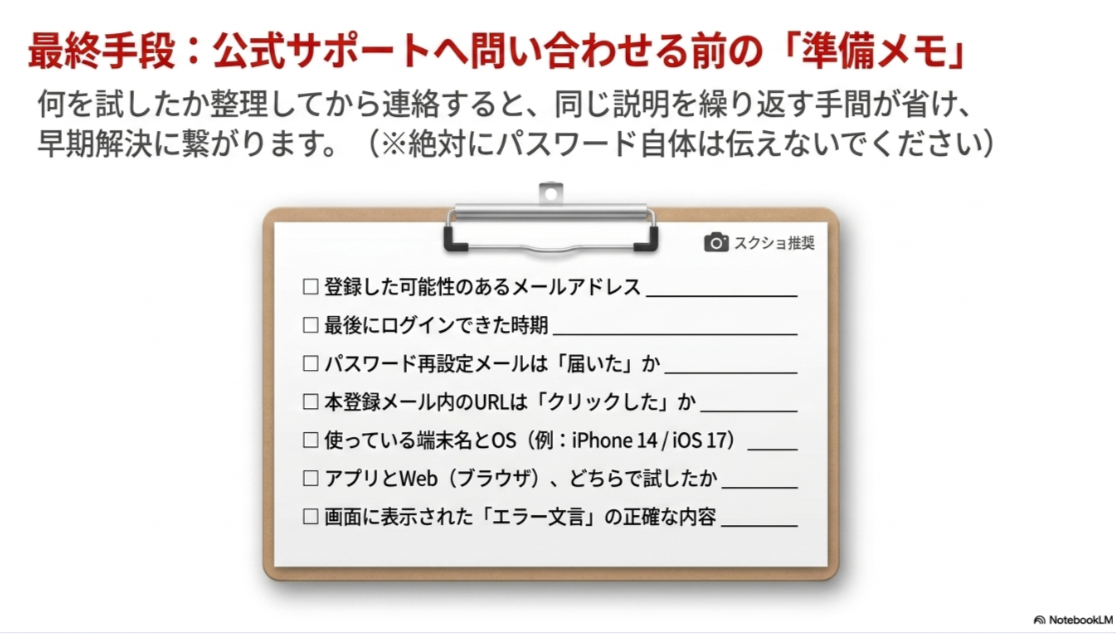 ピザハットに問い合わせる前に、登録メールアドレス、ログインできた時期、エラー文言、端末情報などを整理するチェックメモ