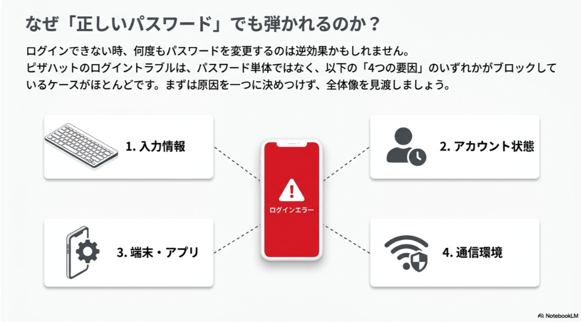 ピザハットの確認メールが届かない原因として迷惑メール振り分け、キャリアメールの強いフィルタ、メールボックス容量不足を示したスライド