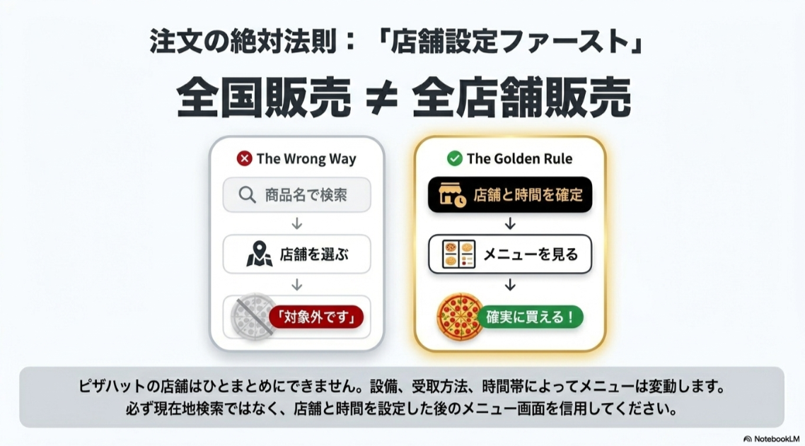 全国販売でも全店舗販売とは限らず、店舗と時間を設定してからメニュー画面を見る重要性を説明した図