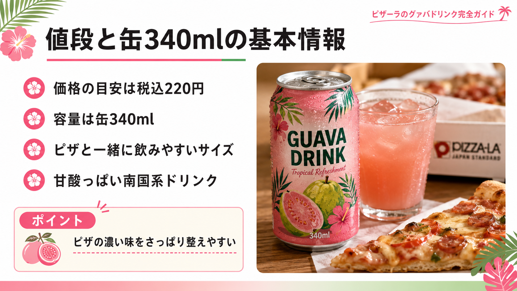 ピザーラのグァバドリンクの税込220円・缶340mlの基本情報と、ピザと合わせやすい特徴をまとめたスライド画像