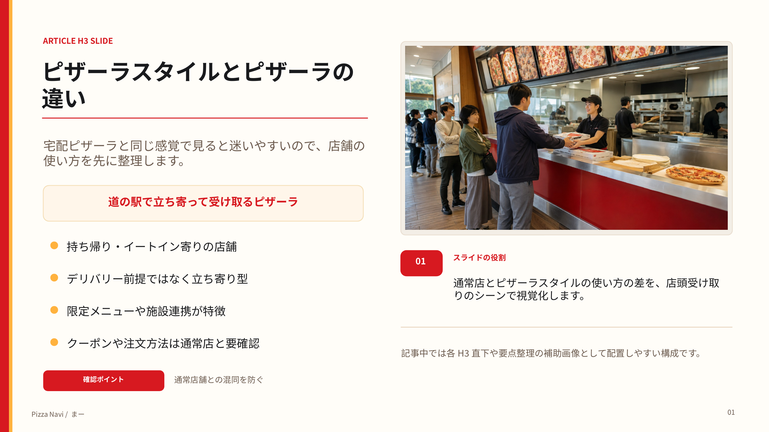 ピザーラスタイルが宅配中心ではなく道の駅で立ち寄って受け取る店舗であることを説明するスライド