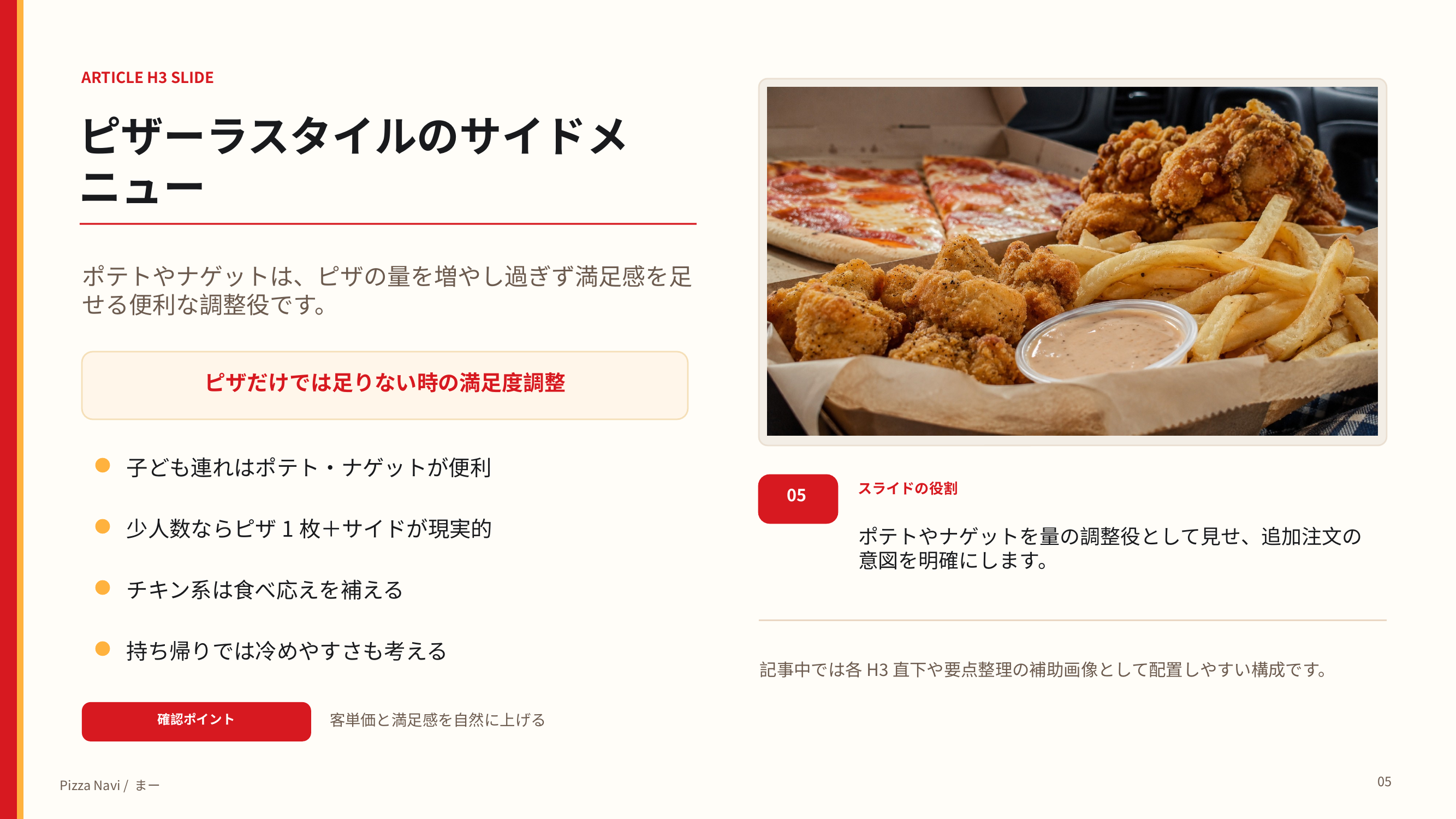 ポテトやナゲットなどのサイドメニューで量と満足感を調整する方法をまとめたスライド