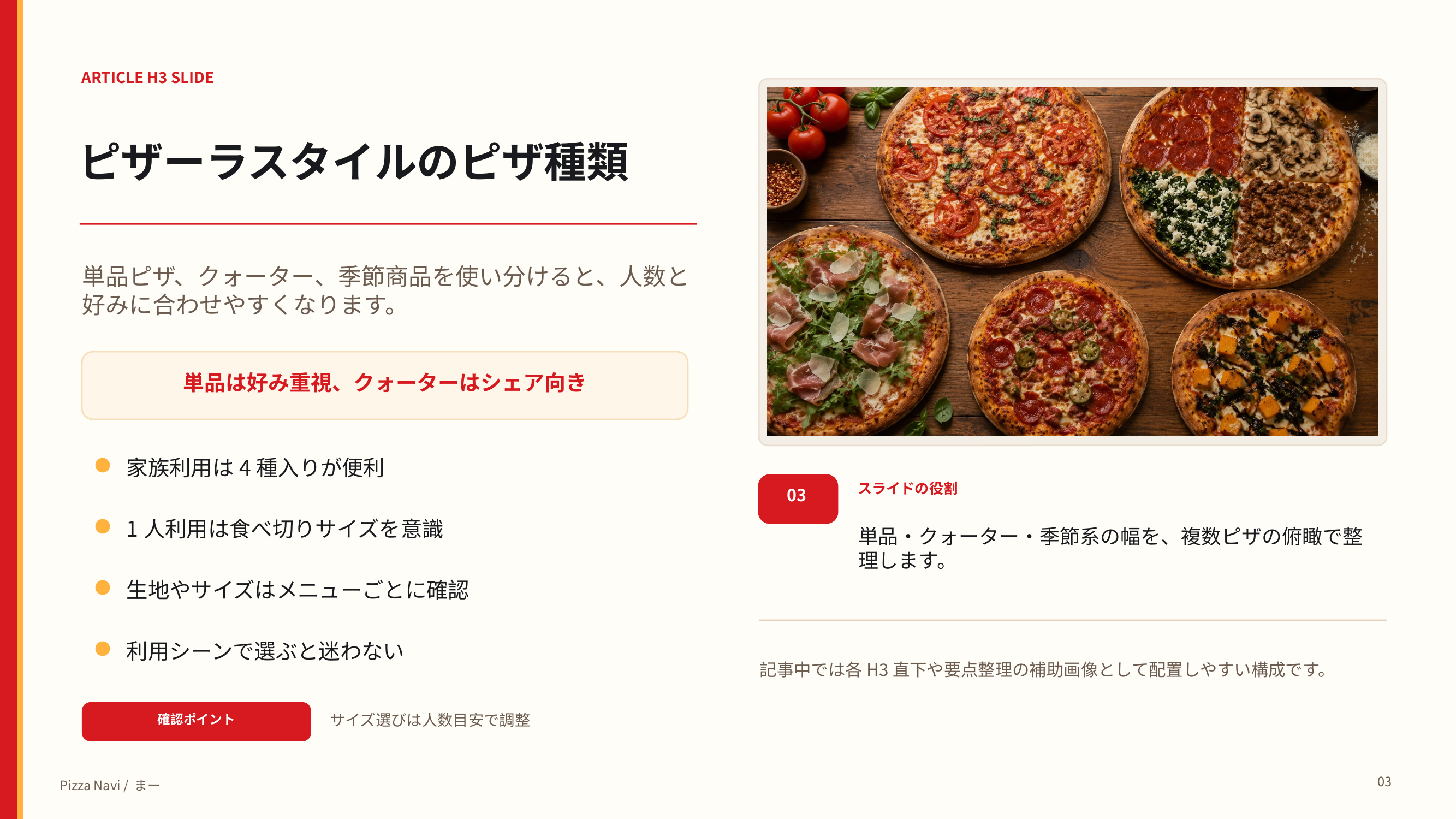 単品ピザやクォーターピザ、季節商品を人数や利用シーンに合わせて選ぶポイントを示したスライド