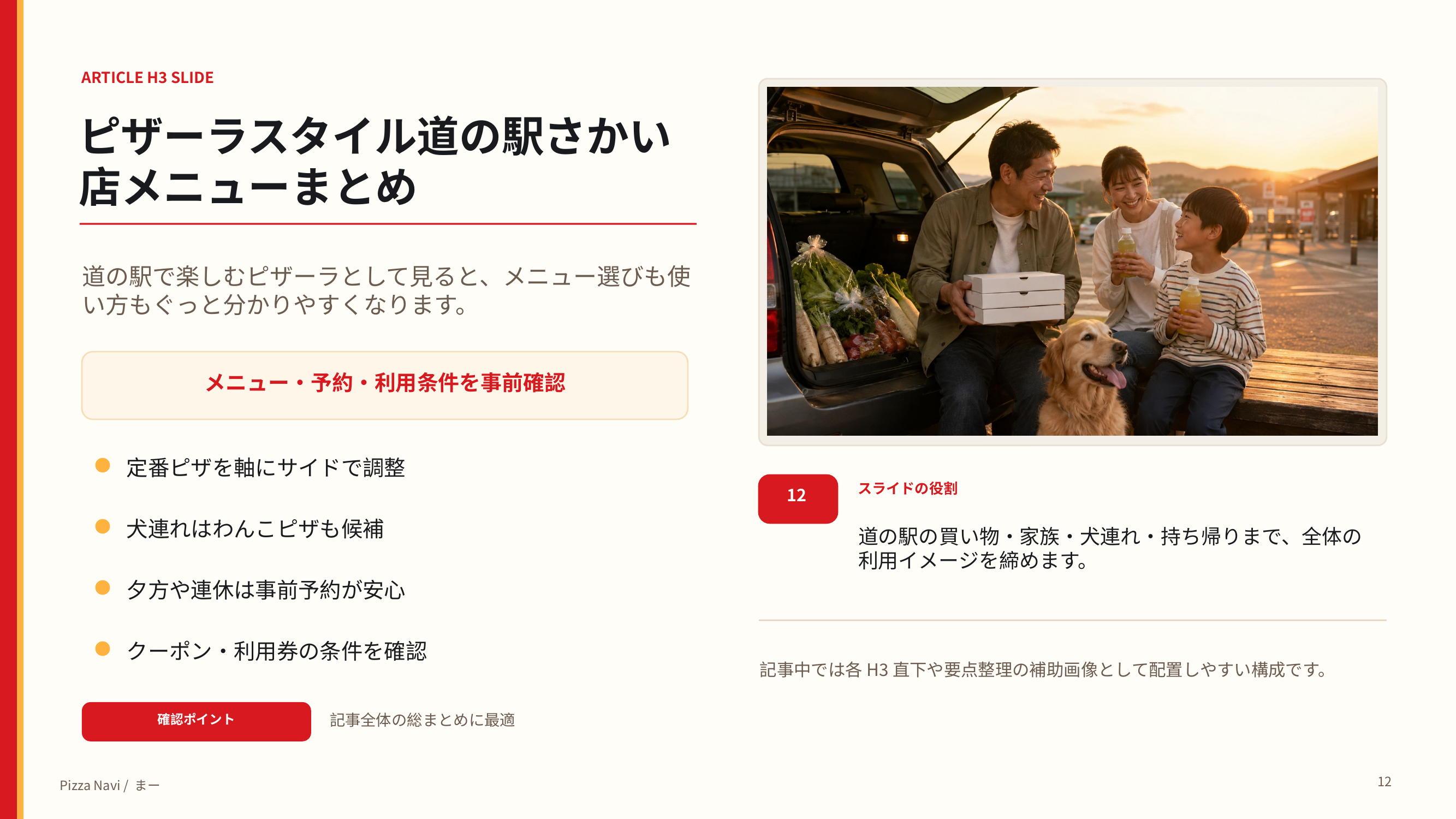ピザーラスタイル道の駅さかい店メニューの選び方や予約、クーポン、利用券の確認ポイントを総まとめしたスライド