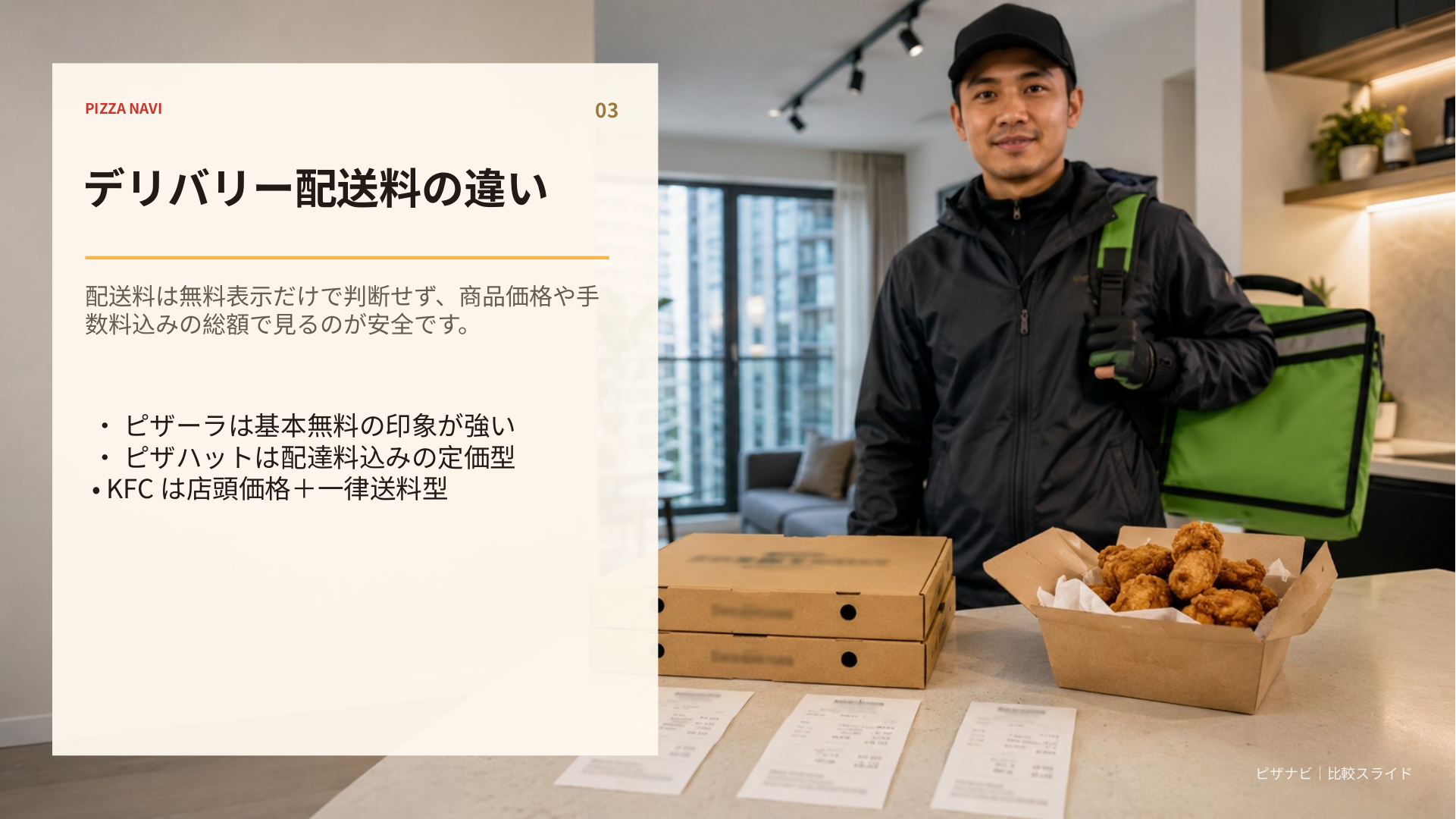 ピザーラ、ピザハット、ケンタッキーの公式デリバリーにおける配送料や価格体系の違いをまとめたスライド