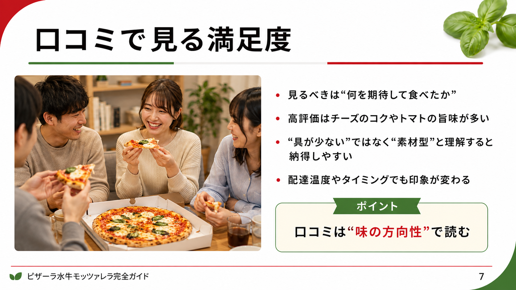 ピザーラ水牛モッツァレラの口コミを見るときに、チーズのコク、トマトの旨味、素材型の味わいをどう読むかを整理したスライド