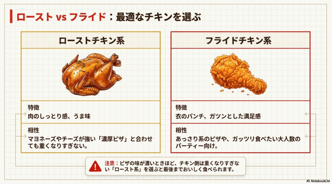 ローストチキンは肉のしっとり感、フライドチキンは衣のパンチが特徴で、ピザとの相性で選び分けることを示した比較スライド