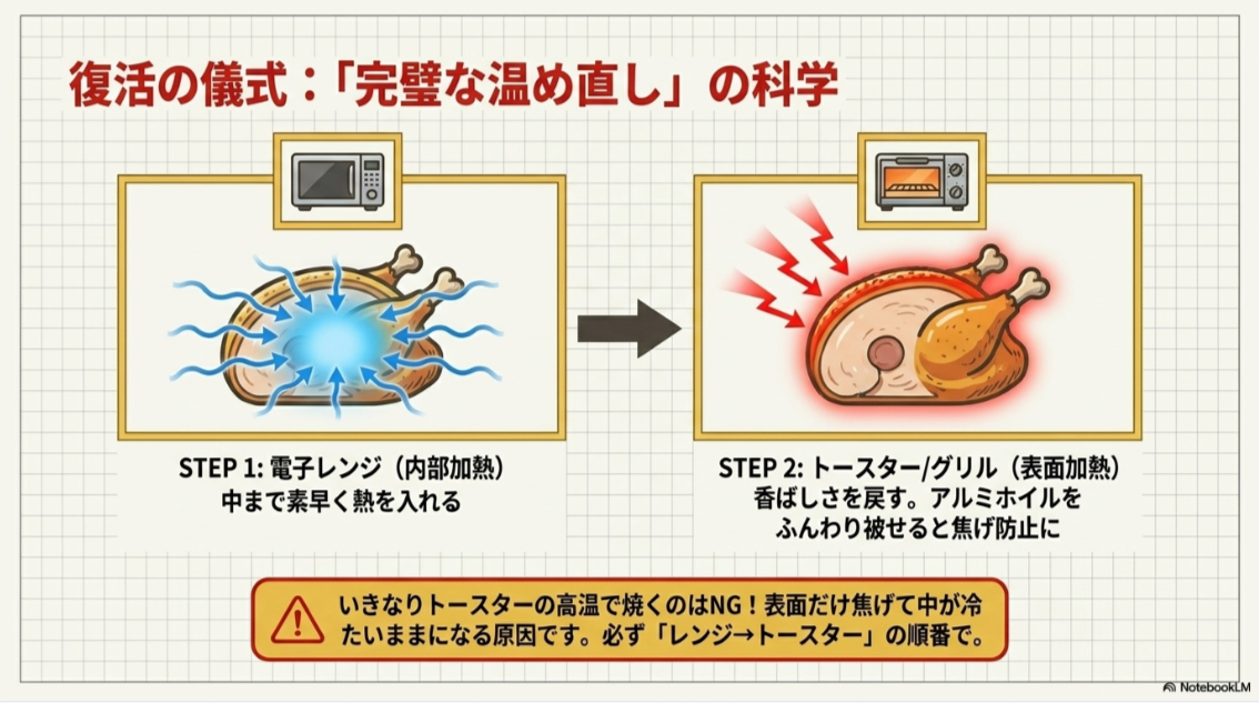 電子レンジで内部を温め、トースターやグリルで表面の香ばしさを戻す温め直し手順を示したスライド