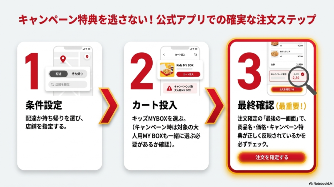 公式アプリで配達または持ち帰りを選び、キッズMYBOXをカートに入れ、最終確認画面で価格や特典を確認する流れを示したスライド