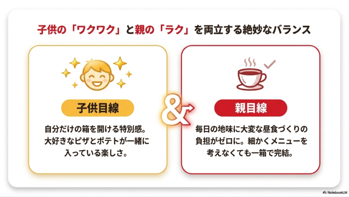 子供目線の楽しさと親目線の食事準備のラクさを両立できるキッズMYBOXの魅力を示したスライド