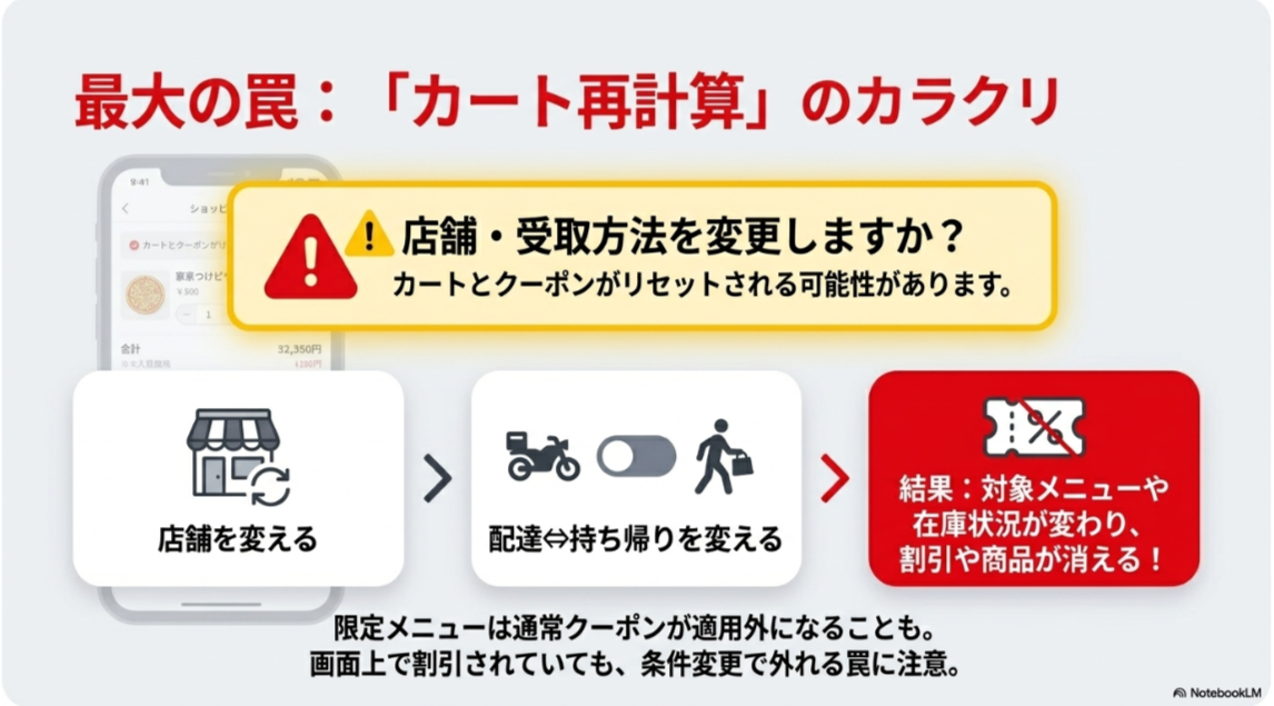 店舗や配達・持ち帰りを変更すると、対象メニュー、在庫、割引、クーポンがリセットされる可能性を示した注意画像