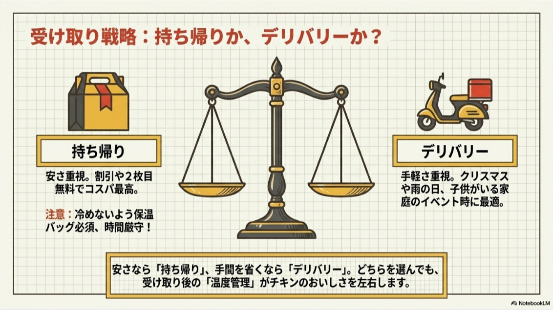 ピザーラのローストチキン系メニューを持ち帰りとデリバリーで比較し、価格、手軽さ、温度管理の違いを示したスライド