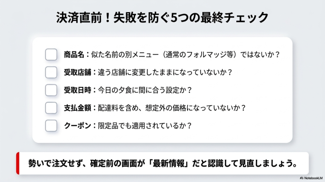 商品名、受取店舗、受取日時、支払金額、クーポン適用を決済前に確認するためのチェックリスト