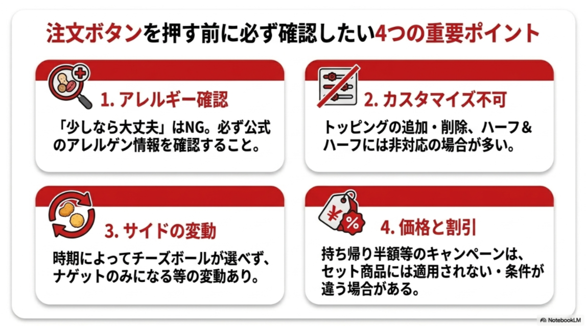 キッズMYBOXを注文する前に、アレルギー、カスタマイズ不可、サイドの変動、価格と割引を確認する重要性をまとめたスライド
