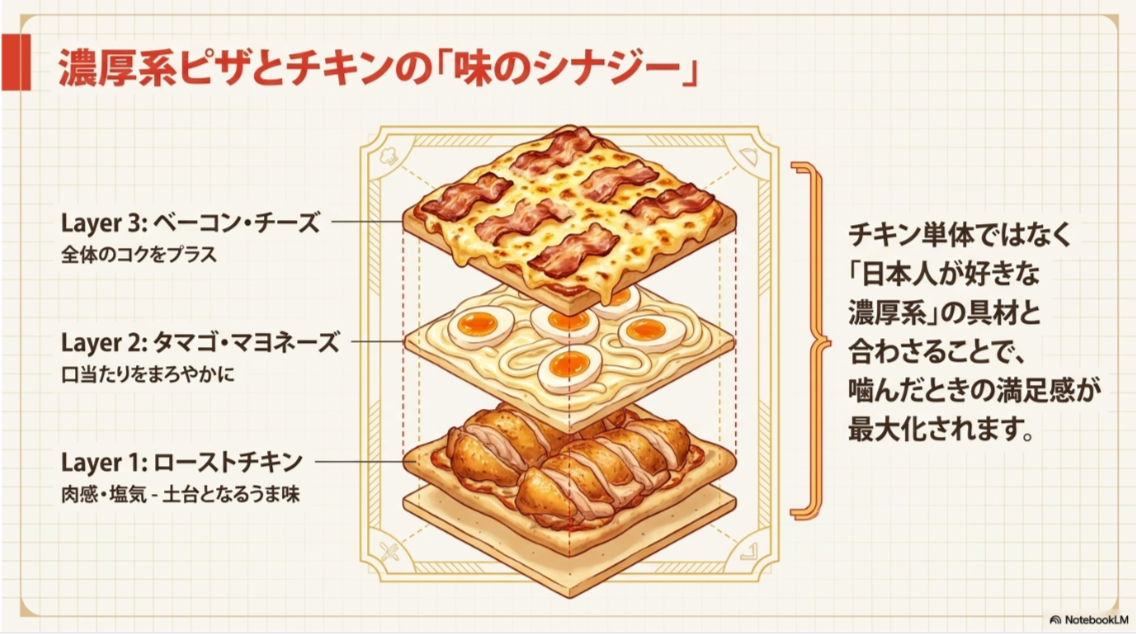 ローストチキン、タマゴとマヨネーズ、ベーコンとチーズが重なり、濃厚系ピザの満足感を高める構造を示したスライド