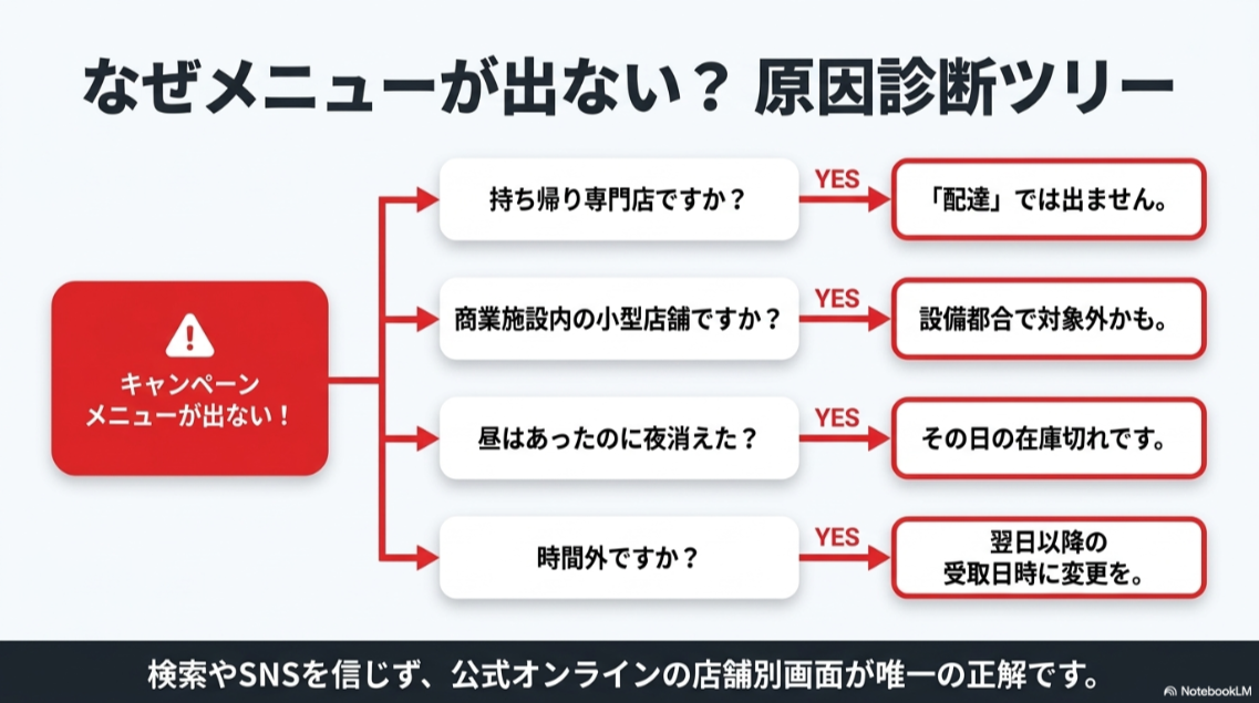 キャンペーンメニューが表示されないときに、持ち帰り専門店、商業施設内店舗、昼の在庫切れ、時間外を確認する診断ツリー
