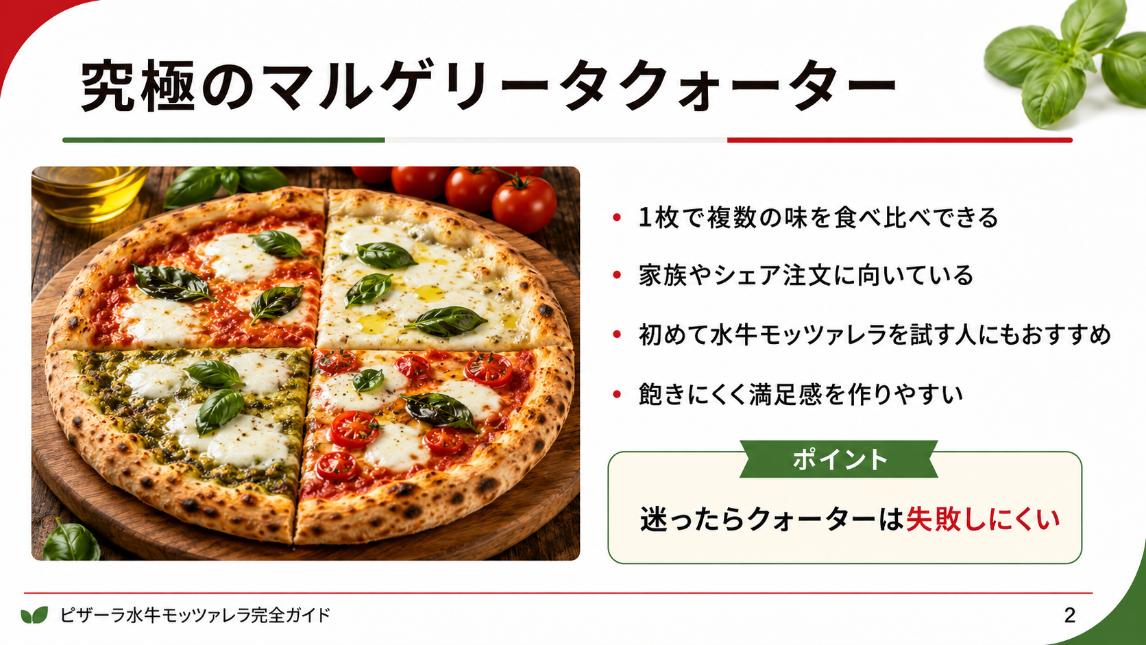 究極のマルゲリータクォーターが、複数の味を食べ比べたい人や家族でシェアしたい人に向いていることを説明したスライド
