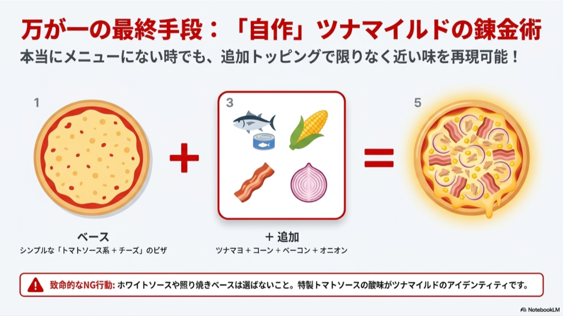 シンプルなピザにツナマヨ、コーン、ベーコン、オニオンを追加してツナマイルドに近い味を作る方法を示すスライド