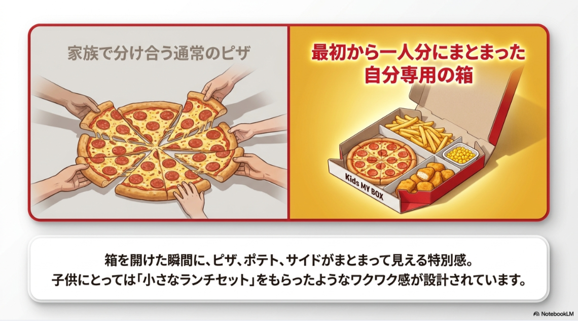 家族で分け合う通常のピザと、最初から一人分にまとまったキッズMYBOXの違いを比較したスライド