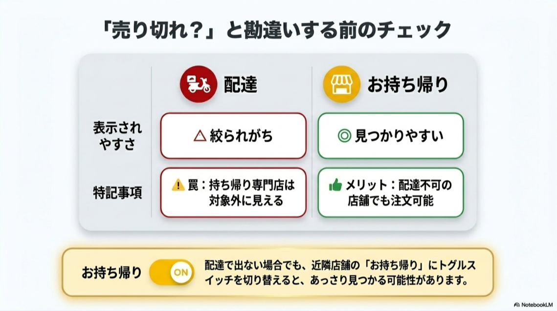 配達では表示されにくい商品も、お持ち帰りに切り替えると見つかる可能性があることを比較した表