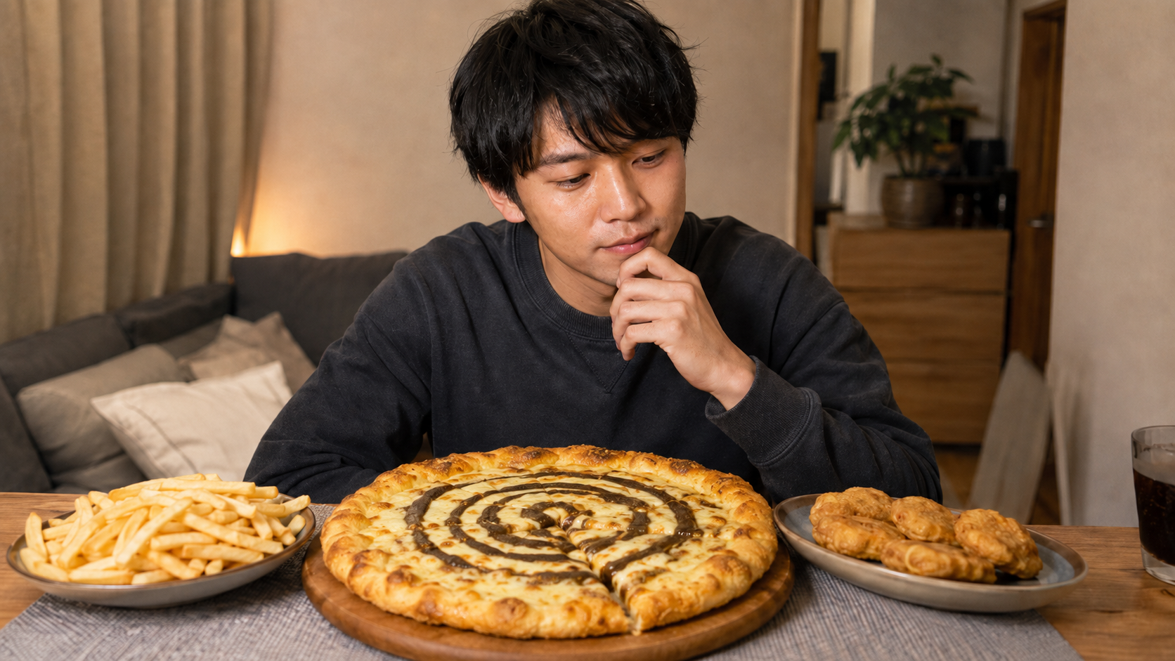 飲めるピザチーズカレーとポテト、ナゲットを前に量やカロリーを考える日本人男性の食事シーン