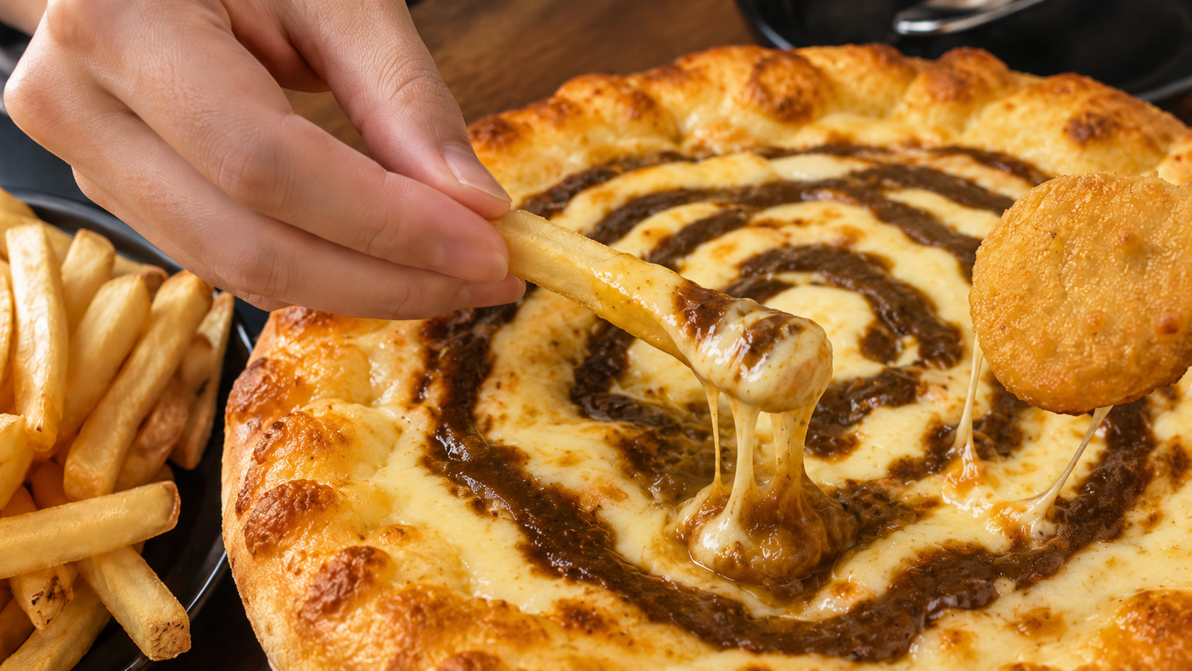 飲めるピザチーズカレーの濃厚なチーズカレーソースにポテトをディップして楽しむ食べ方のイメージ