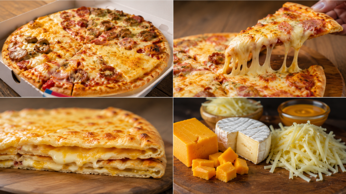 チーズピザの断面やチーズの伸び、具材の違いをまとめたイメージ画像