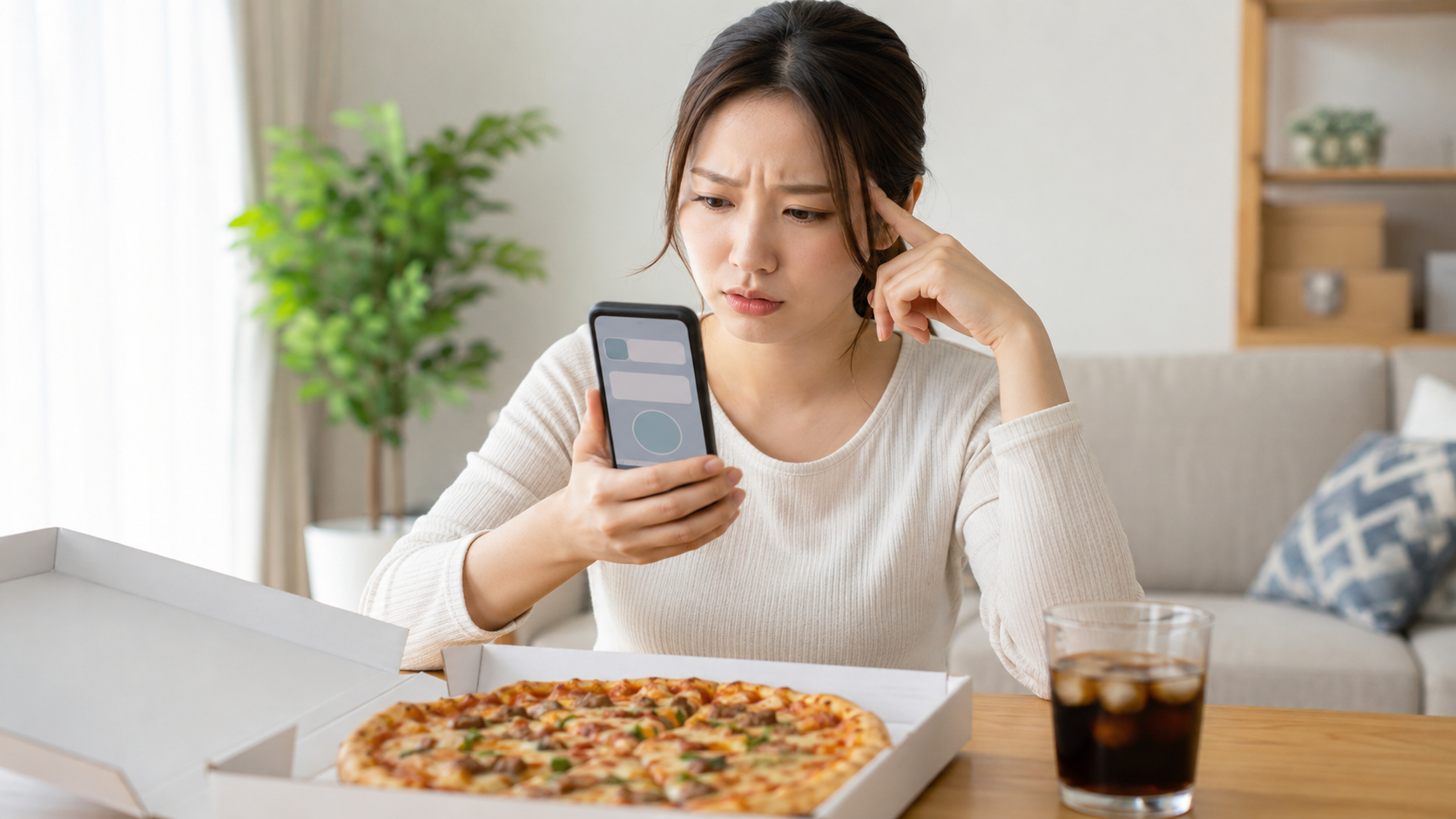 出前館のピザが半額にならず、スマホの注文画面を見ながら困っている日本人女性