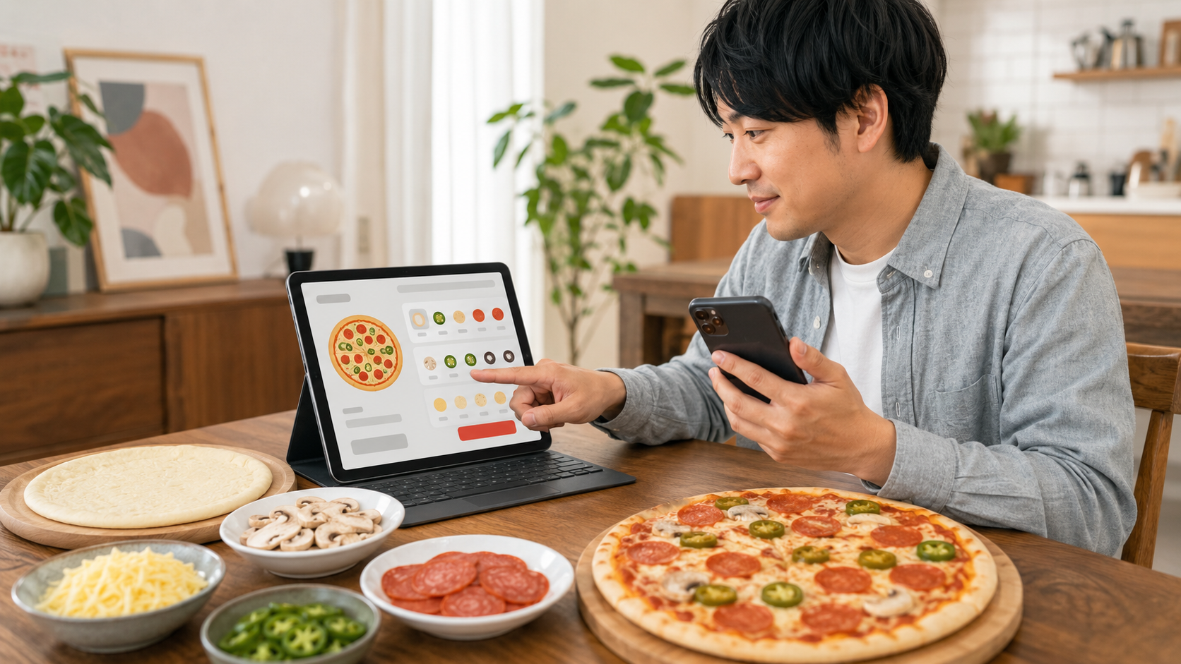 ドミノピザのネット注文やアプリで追加トッピングを選ぶ日本人男性と具材のイメージ