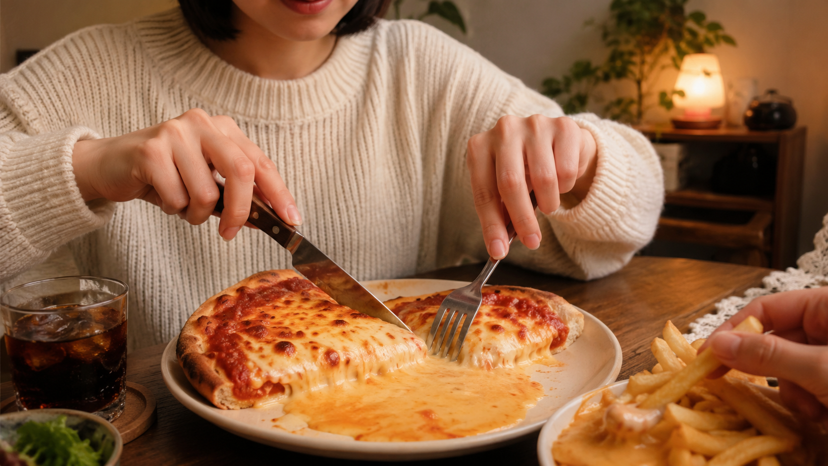 濃厚なチーズソースとカレーがあふれる飲めるピザ風のディープディッシュピザ