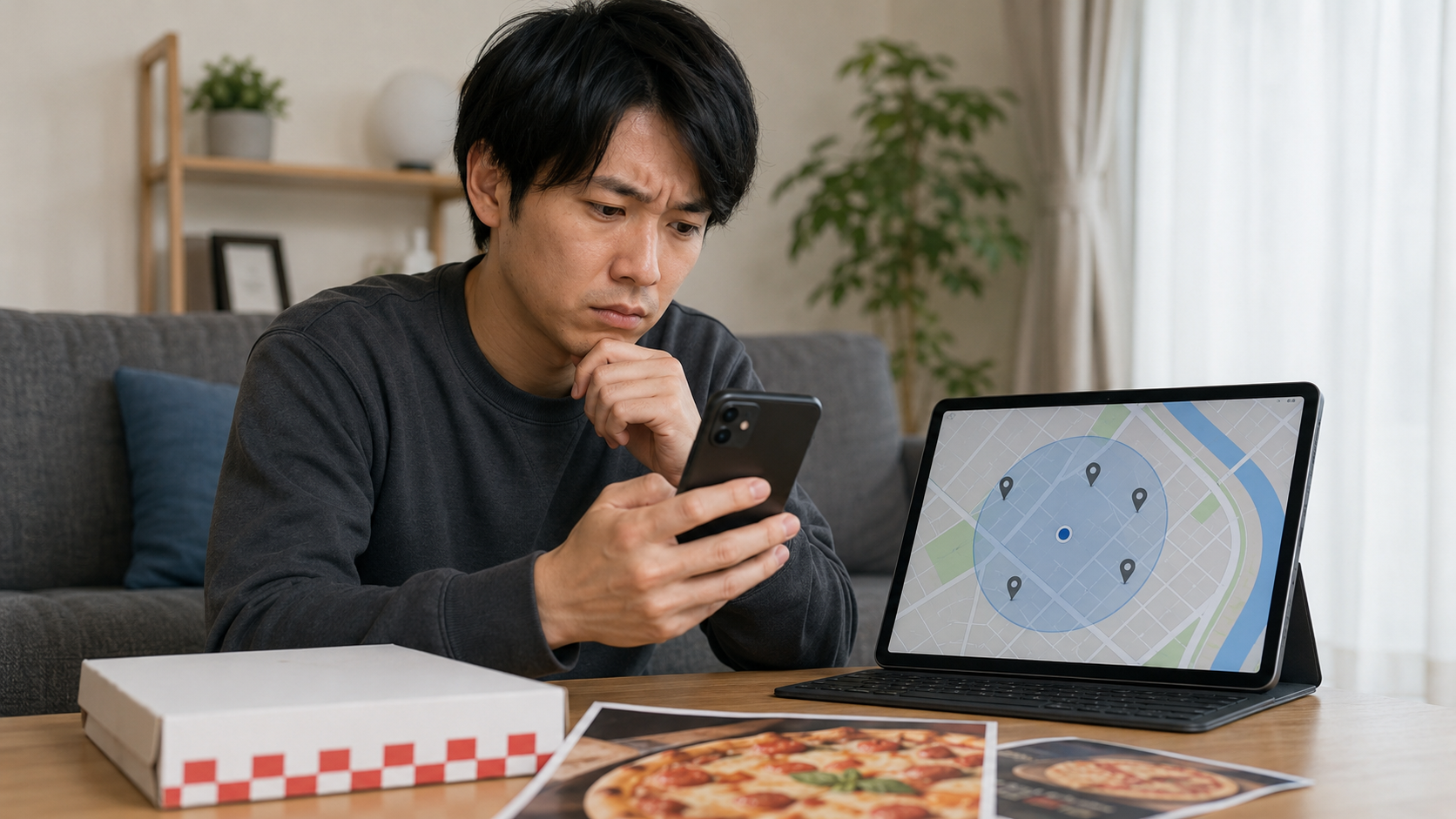 配達エリア内に対象店舗があるかを地図画面とスマホで確認する日本人男性