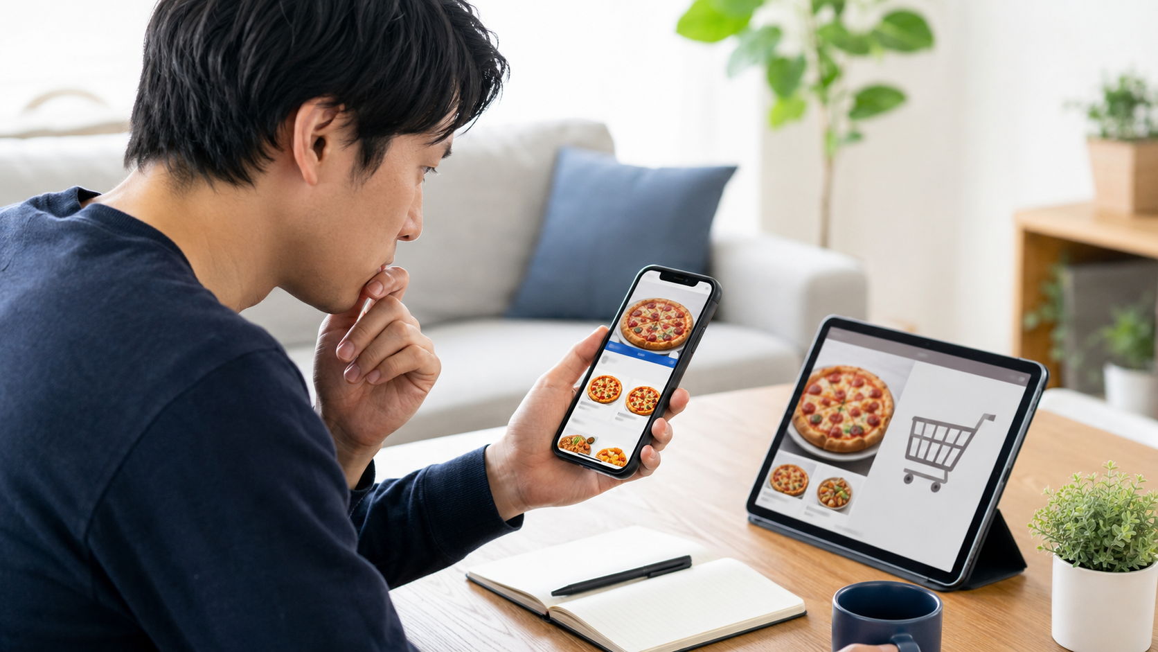 ピザ半額祭の対象商品やカート内容をスマホとタブレットで確認する日本人男性