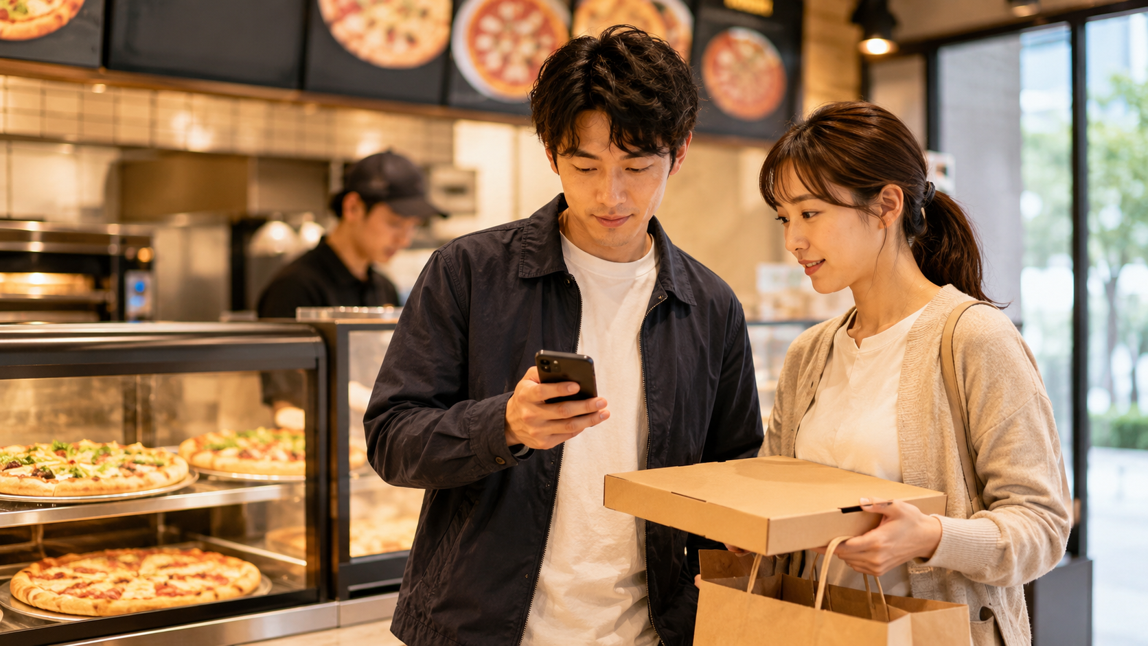 ピザ店でスマホを確認しながら持ち帰り注文を選ぶ日本人の男女