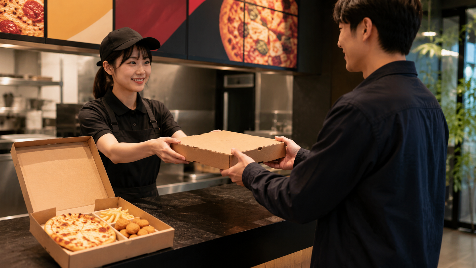 ピザ店のカウンターでMY BOX風のセットと持ち帰りピザを受け取る日本人男性