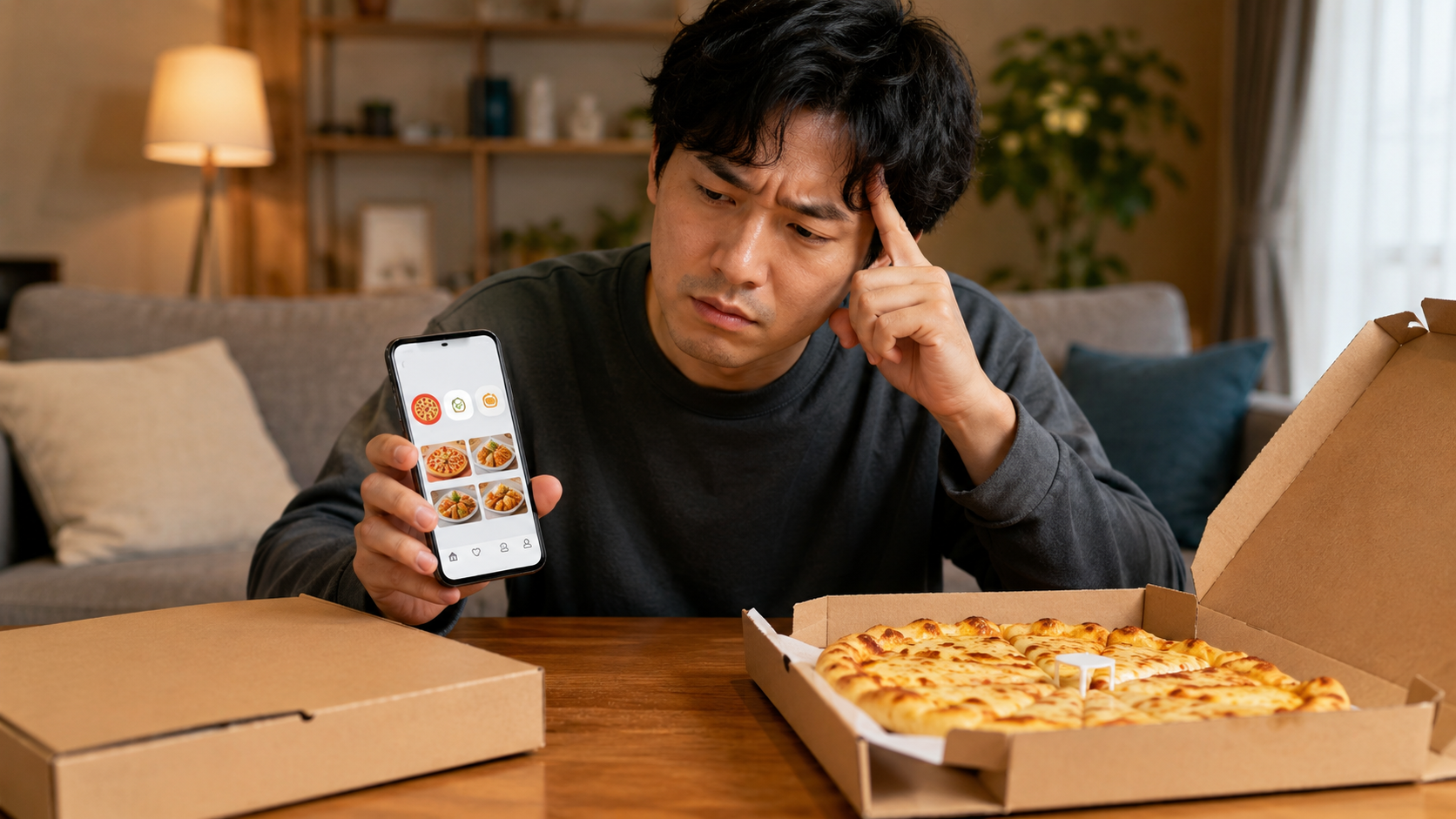 ピザハットの飲めるピザが注文画面に表示されず、スマホを見ながら困る日本人男性
