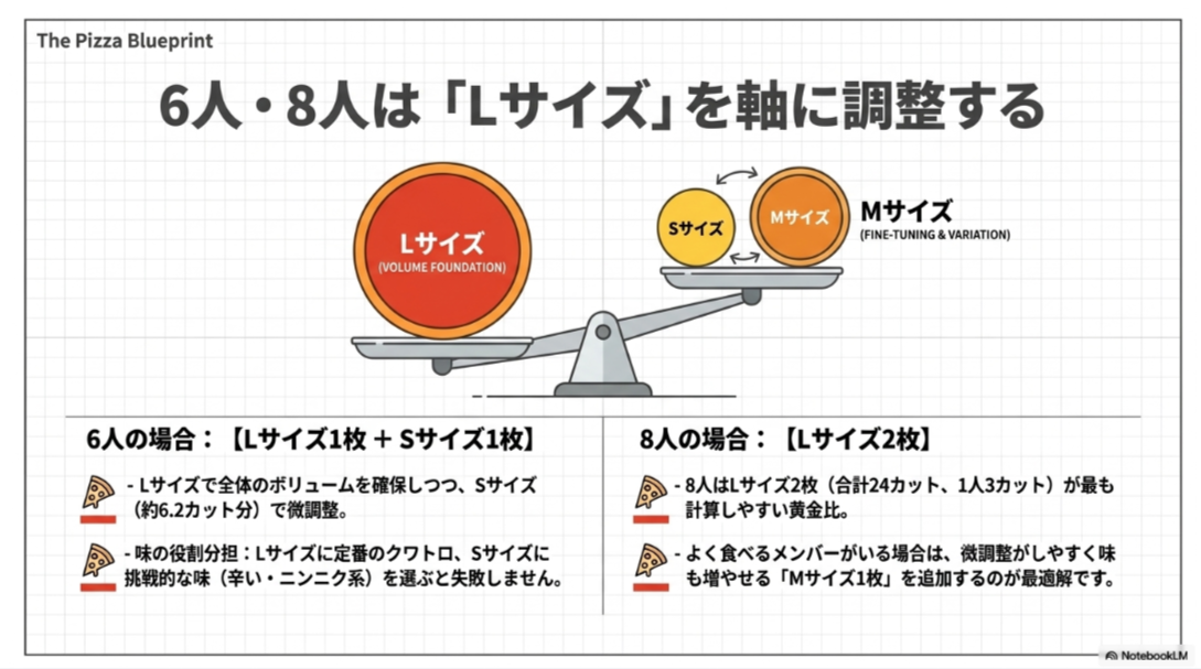 ドミノピザ6人前はLサイズ1枚とSサイズ1枚、8人前はLサイズ2枚を基本に、食欲に応じてMサイズで調整する方法を示した図
